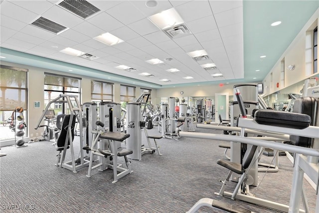 workout area with carpet and a paneled ceiling