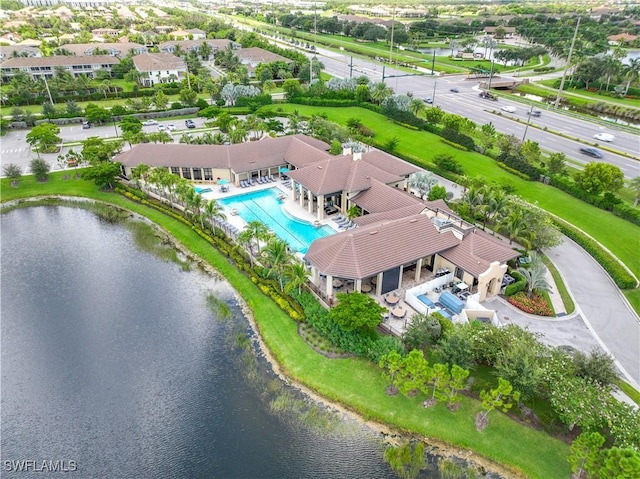 drone / aerial view featuring a water view