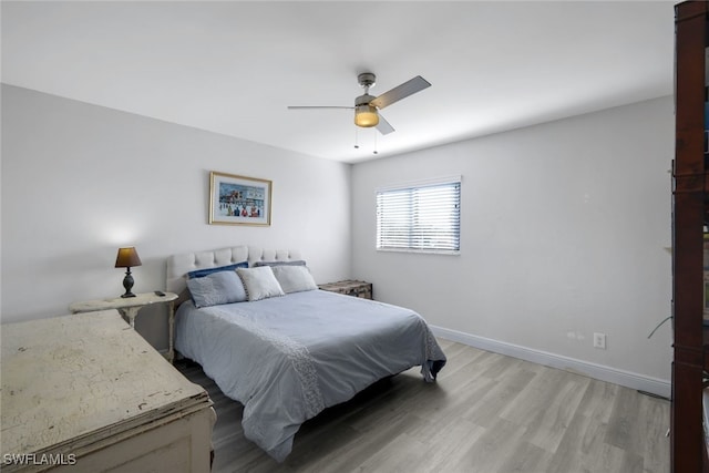 bedroom featuring light hardwood / wood-style flooring and ceiling fan