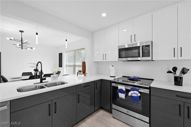 kitchen with white cabinetry, kitchen peninsula, appliances with stainless steel finishes, pendant lighting, and sink