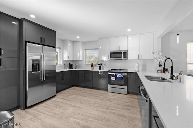 kitchen featuring pendant lighting, sink, light wood-type flooring, appliances with stainless steel finishes, and white cabinets