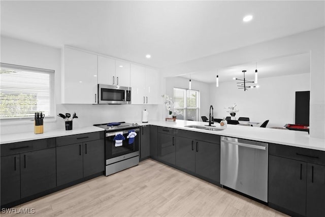 kitchen with kitchen peninsula, appliances with stainless steel finishes, sink, and white cabinetry