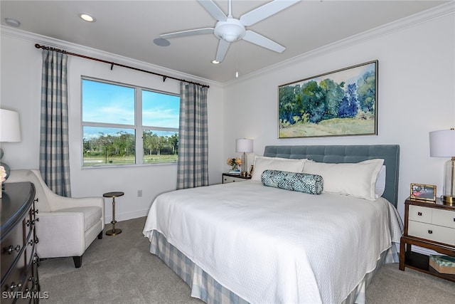 bedroom with light carpet, ceiling fan, and ornamental molding