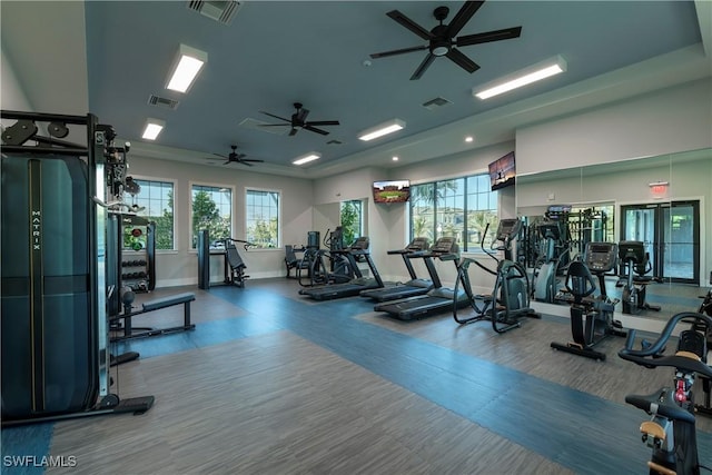 workout area with ceiling fan