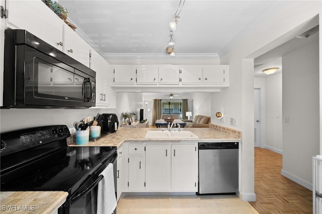 kitchen featuring ceiling fan, sink, white cabinets, black appliances, and ornamental molding