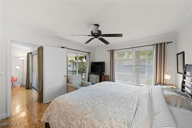 bedroom featuring crown molding, access to exterior, light parquet floors, and ceiling fan