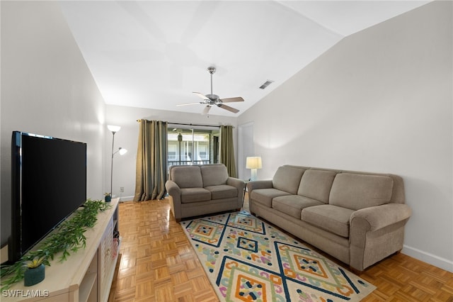 living room with ceiling fan, lofted ceiling, and light parquet floors