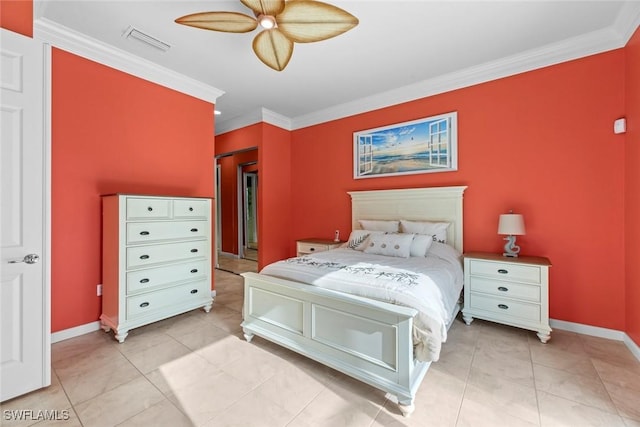 bedroom featuring light tile patterned floors, ceiling fan, and ornamental molding