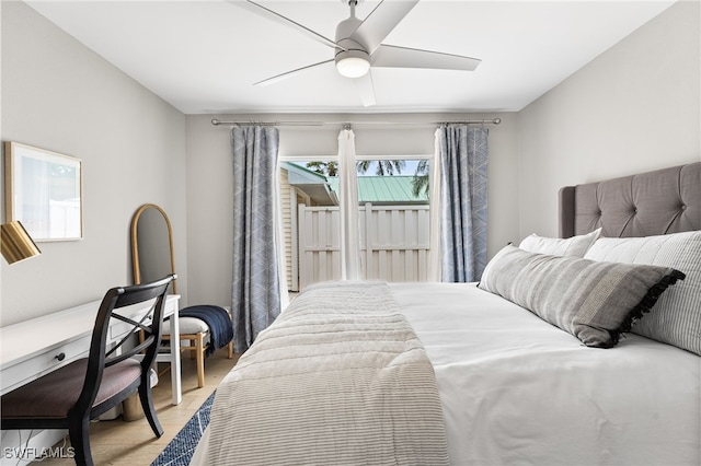 bedroom with ceiling fan and light wood-type flooring