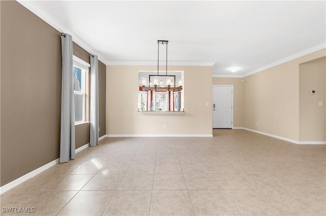 unfurnished room featuring ornamental molding, light tile patterned floors, and a notable chandelier