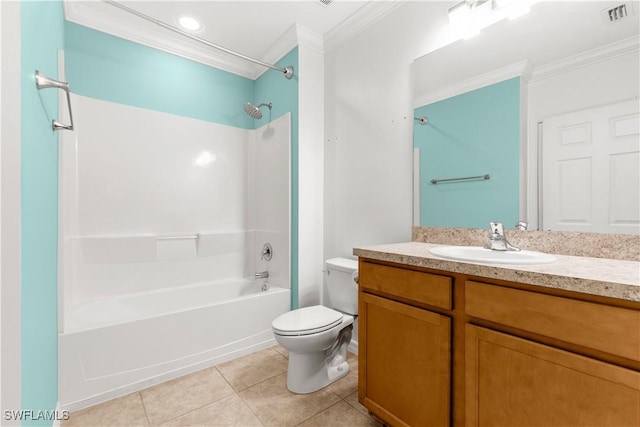 full bathroom with tile patterned floors, crown molding, shower / bathing tub combination, and toilet