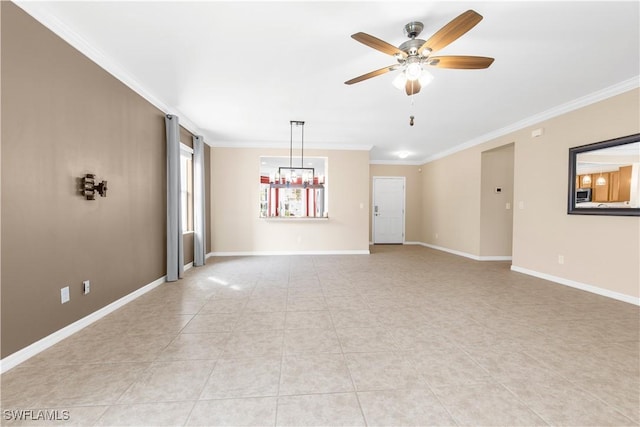 unfurnished room featuring crown molding, light tile patterned flooring, and ceiling fan with notable chandelier