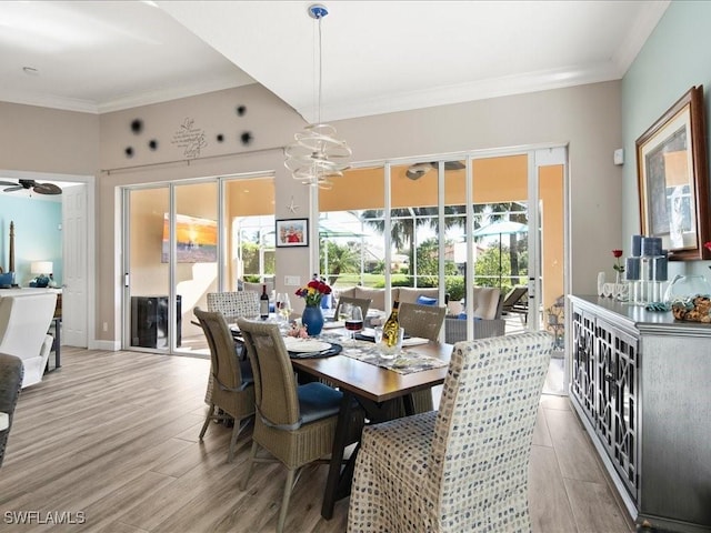 dining space featuring ceiling fan, light hardwood / wood-style flooring, and a healthy amount of sunlight