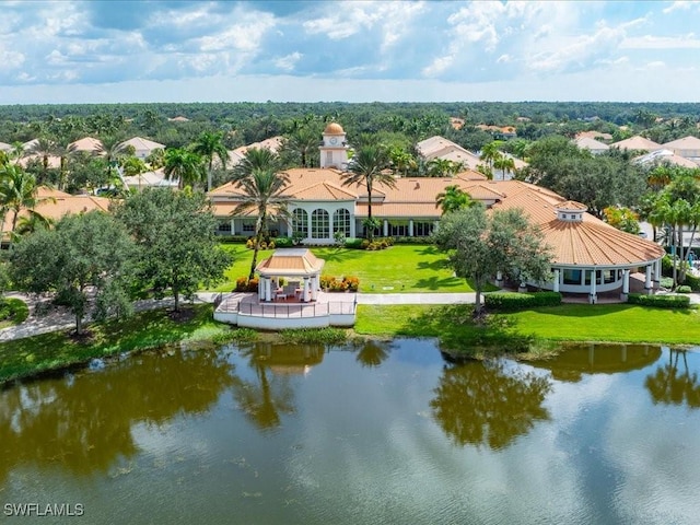 drone / aerial view with a water view