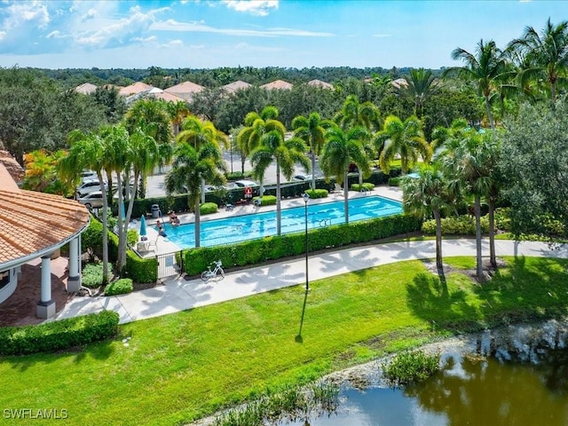 drone / aerial view featuring a water view