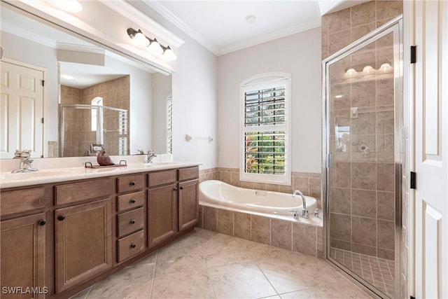 bathroom featuring vanity, crown molding, separate shower and tub, and tile patterned flooring