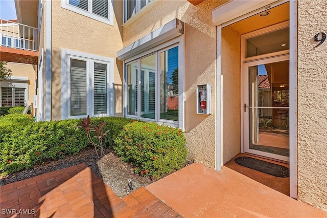 view of exterior entry with a patio