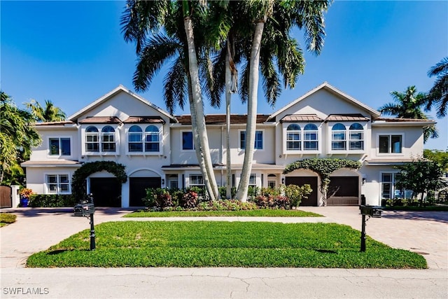 view of front of home with a garage and a front lawn