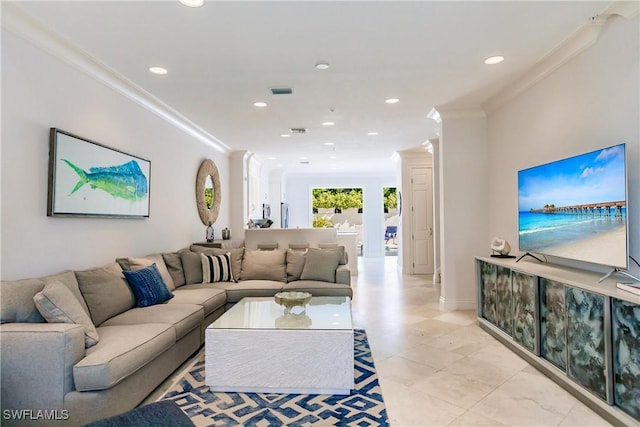 living room with crown molding