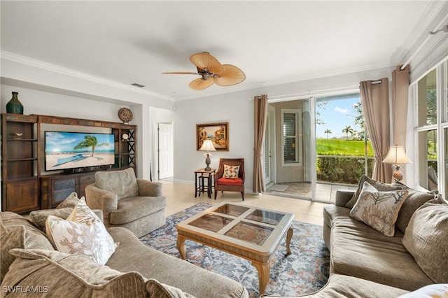 living room with ceiling fan, ornamental molding, and light tile patterned flooring