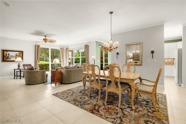 tiled dining room featuring crown molding and ceiling fan with notable chandelier