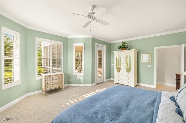 bedroom featuring ceiling fan, access to outside, and ornamental molding