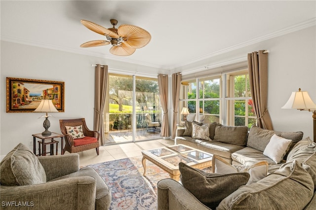 tiled living room featuring ceiling fan and crown molding