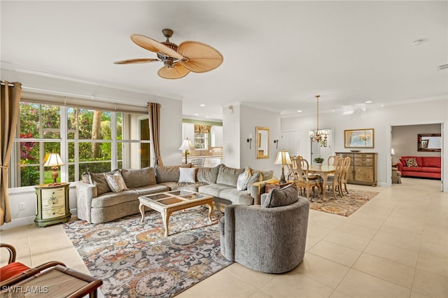 tiled living room featuring ceiling fan with notable chandelier and crown molding