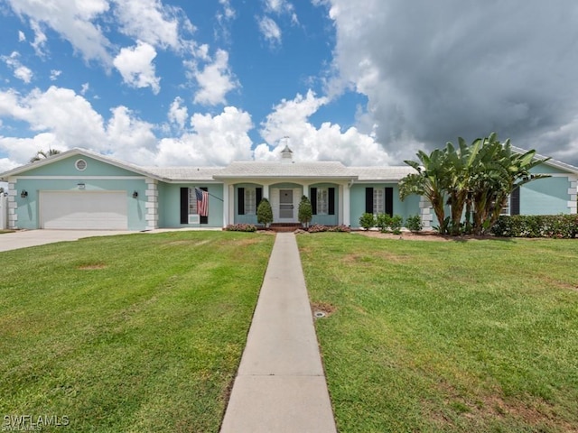 ranch-style home with a front yard, driveway, an attached garage, and stucco siding