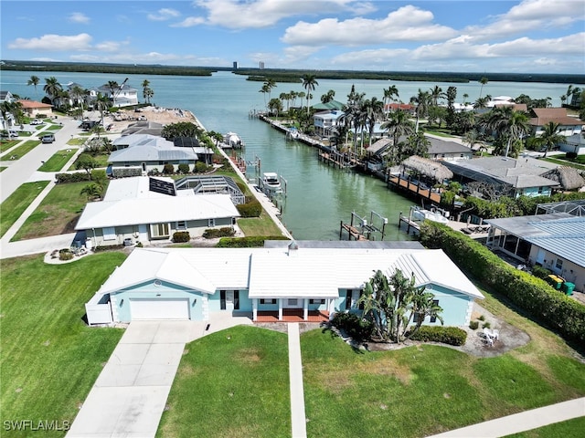 birds eye view of property with a water view and a residential view