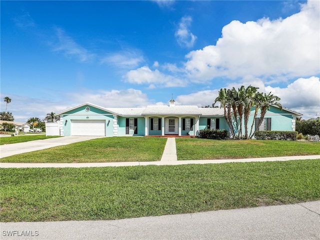 ranch-style house with an attached garage, a front lawn, and concrete driveway