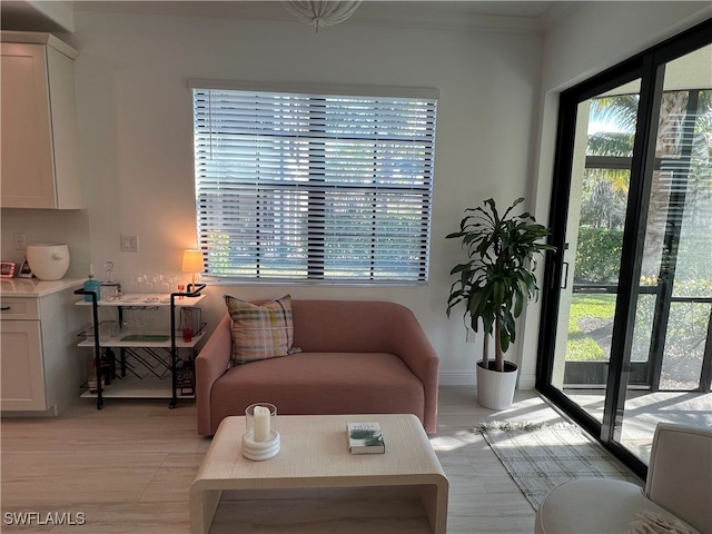 living room with a healthy amount of sunlight and crown molding