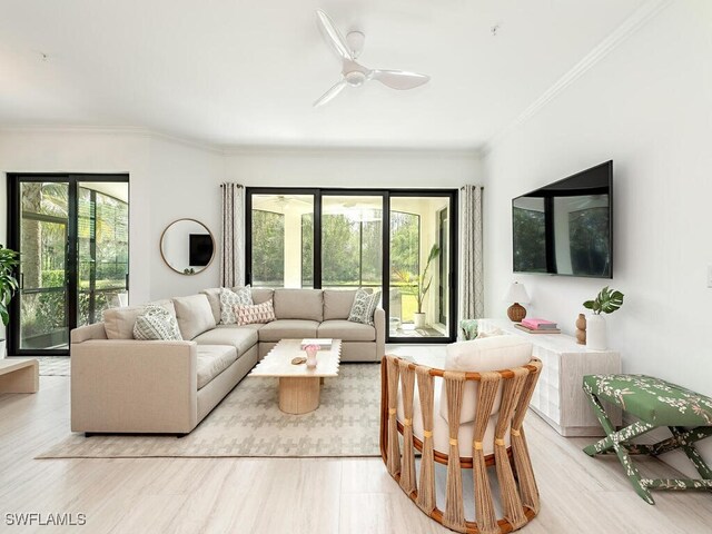 living room featuring ceiling fan, plenty of natural light, and ornamental molding