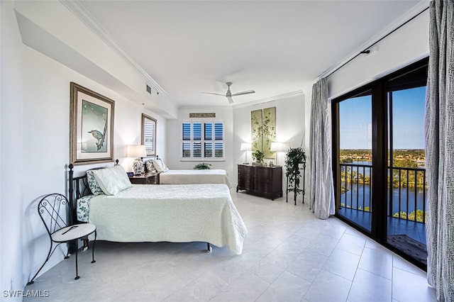 bedroom featuring access to outside, ceiling fan, a water view, and ornamental molding