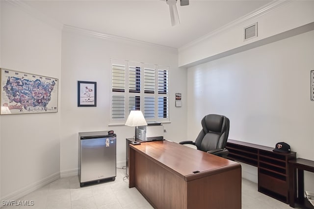 home office with visible vents, crown molding, baseboards, and ceiling fan