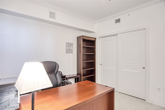 office area featuring light tile patterned floors and ornamental molding