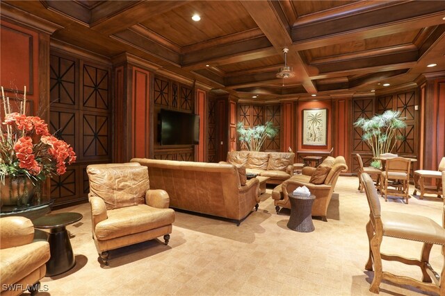 carpeted living room featuring wood ceiling, beamed ceiling, wood walls, ornamental molding, and coffered ceiling