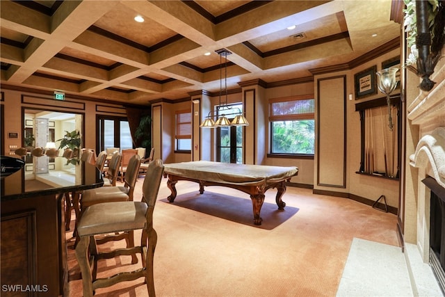 playroom featuring carpet, billiards, ornamental molding, and coffered ceiling