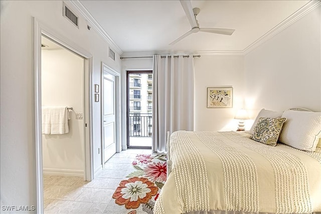 bedroom featuring access to exterior, ceiling fan, visible vents, and crown molding