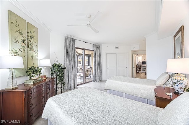 bedroom with access to outside, visible vents, ceiling fan, and crown molding