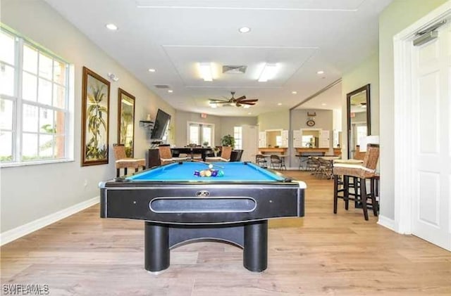 rec room featuring billiards, ceiling fan, a healthy amount of sunlight, and light hardwood / wood-style flooring