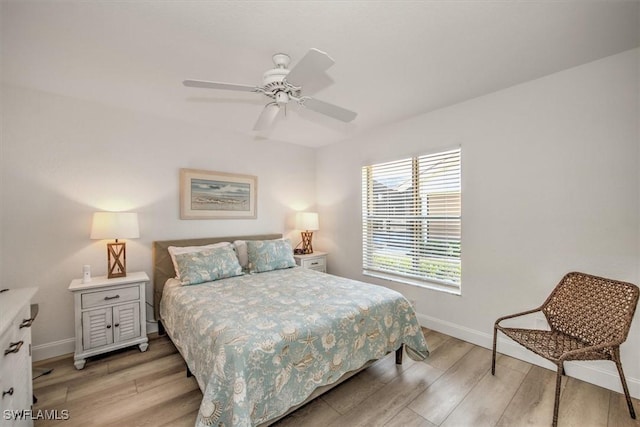 bedroom featuring ceiling fan and light hardwood / wood-style floors