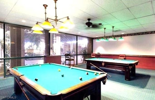 rec room with carpet, a paneled ceiling, and pool table