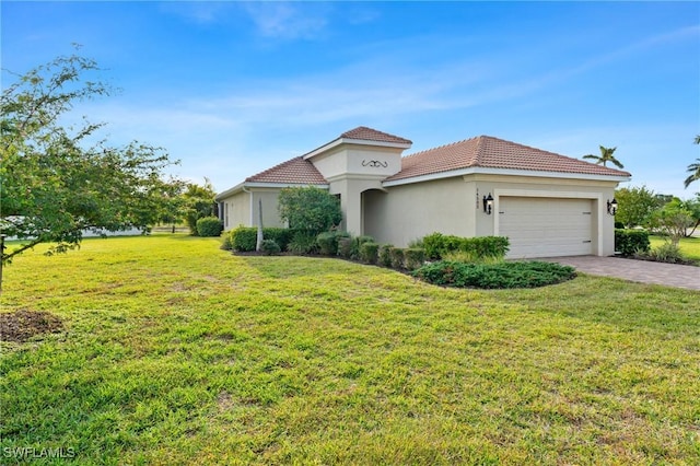 14502 Lanier Ct, Naples, FL 34114 - mediterranean / spanish home featuring an attached garage, decorative driveway, a front yard, and stucco siding