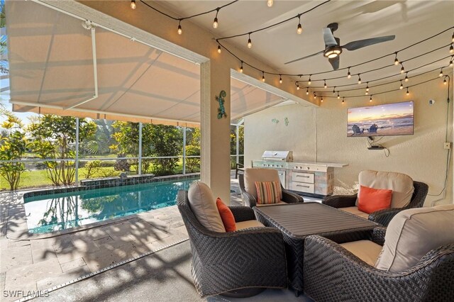 view of pool featuring a patio and a grill