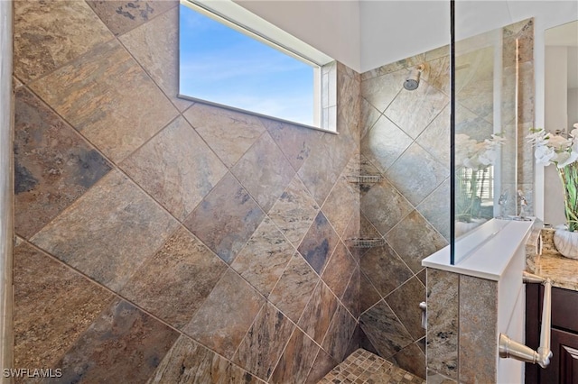 full bath featuring a walk in shower and vanity