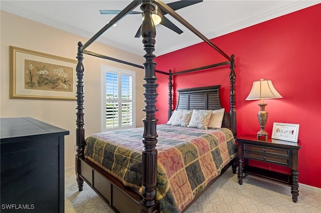 bedroom featuring crown molding, baseboards, and ceiling fan