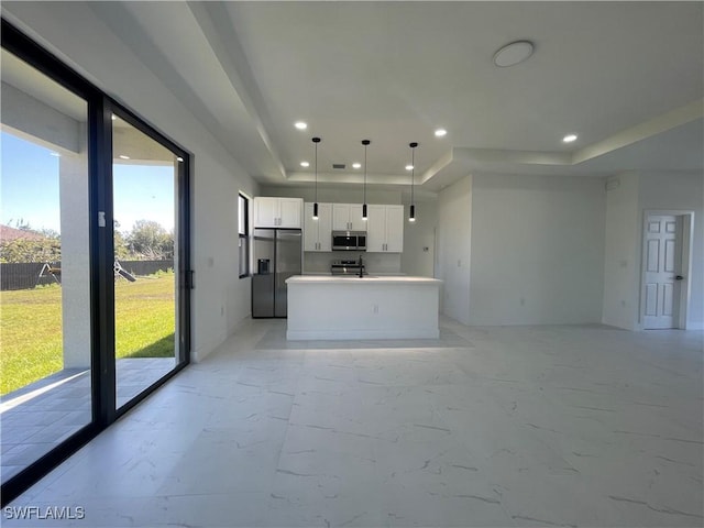 kitchen with a center island, white cabinets, a raised ceiling, decorative light fixtures, and stainless steel appliances