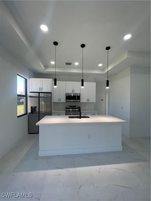 kitchen featuring a tray ceiling, white cabinetry, hanging light fixtures, and stainless steel appliances