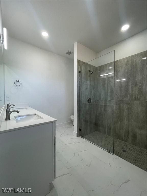 bathroom with vanity, toilet, and walk in shower